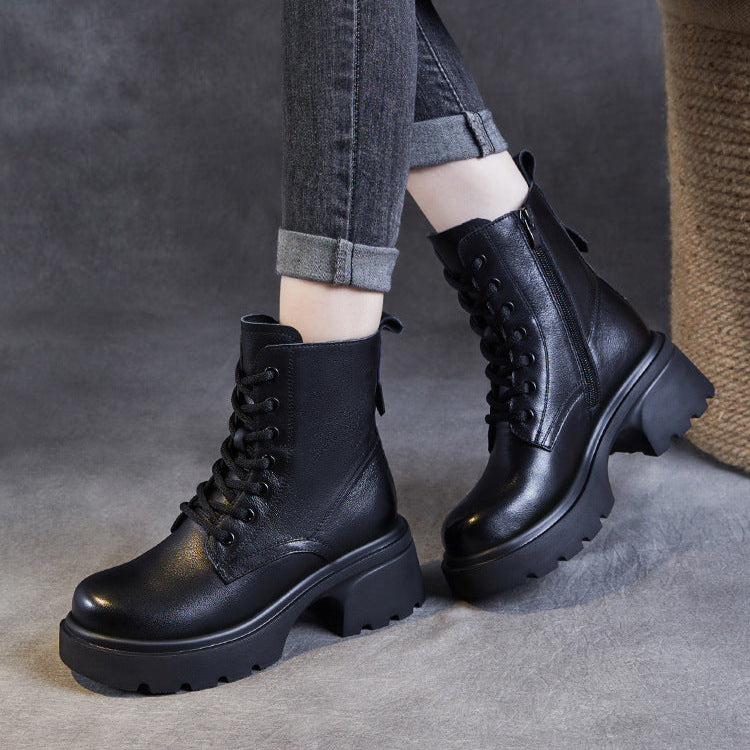 Women's Casual Genuine Leather Platform Boots – Chunky Heel & Side Zip