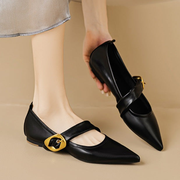Flat Pointed Toe Metal Buckle Mary Jane Shoes