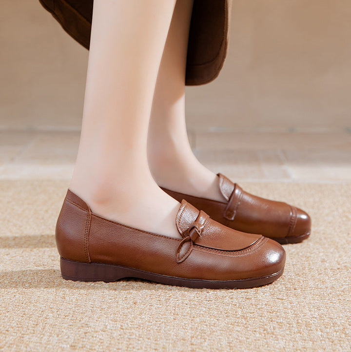 Women's Soft Leather Flats - Vintage Square Toe Drawstring Comfort Walking Shoes