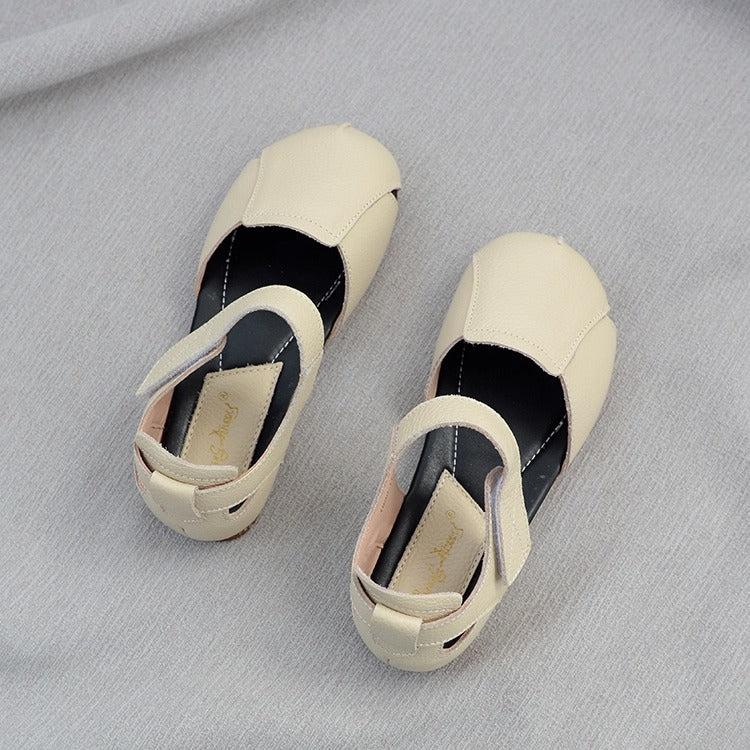 Women's Soft Leather Closed-Toe Velcro Sandals – Comfortable Flat Style