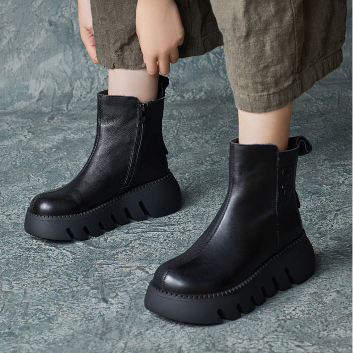 Women's Vintage Cowhide Platform Ankle Booties Round Toe Rubber Sole Winter Boots
