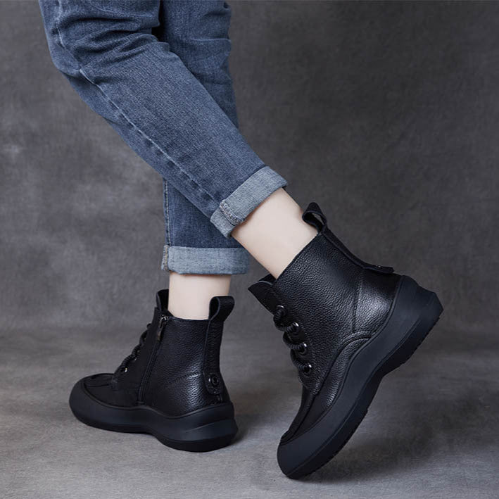 Women's Leather Platform Boots – Comfortable Casual Lace-Up Ankle Shoes