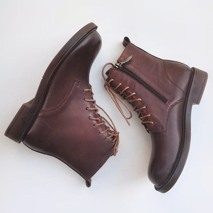 Women's Vintage Wide Toe Genuine Leather Ankle Boots – Handmade, Soft Sole, British Style