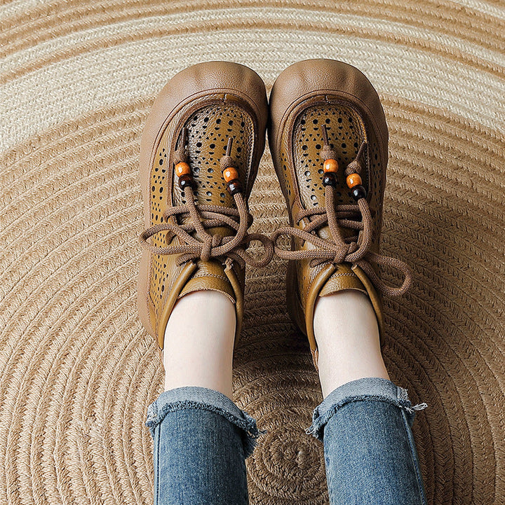 Women's Leather Ankle Sandals Boots Retro Lace-Up Vintage Hollow-Out Casual Summer Flats