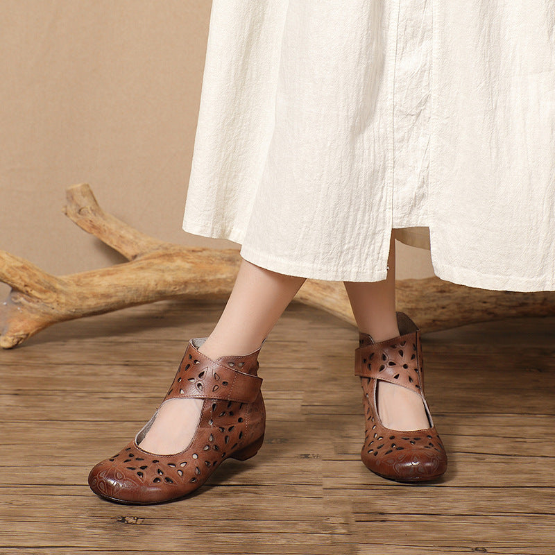 Handmade Leather Cut-Out Sandals - Vintage Bohemian Summer Flats with Adjustable Velcro