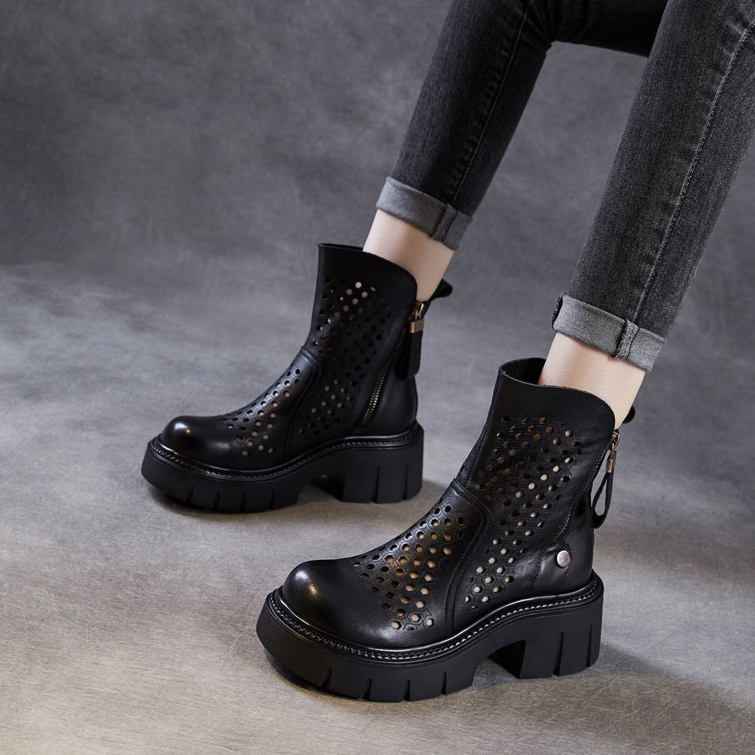 Women’s Retro Leather Cut-Out Ankle Boots – Summer Chunky Block Heel Zip Boots