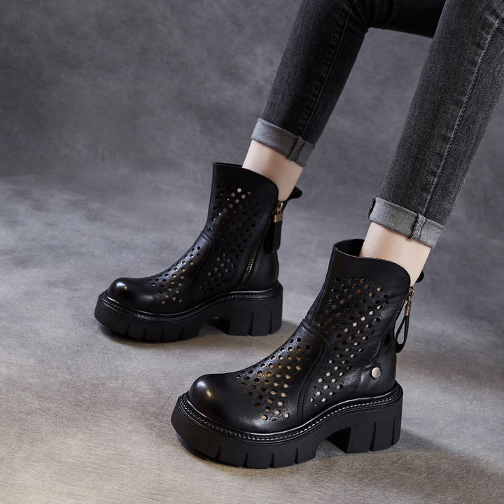 Women’s Retro Leather Cut-Out Ankle Boots – Summer Chunky Block Heel Zip Boots