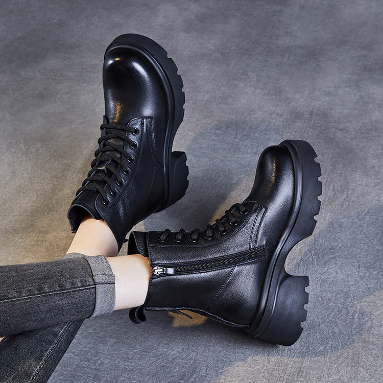 Women's Casual Genuine Leather Platform Boots – Chunky Heel & Side Zip