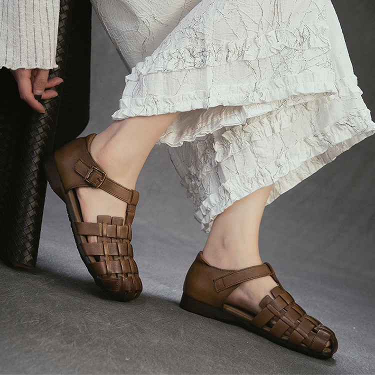 Women's Retro Woven Fisherman Sandals Vintage Leather Velcro Cage Flats