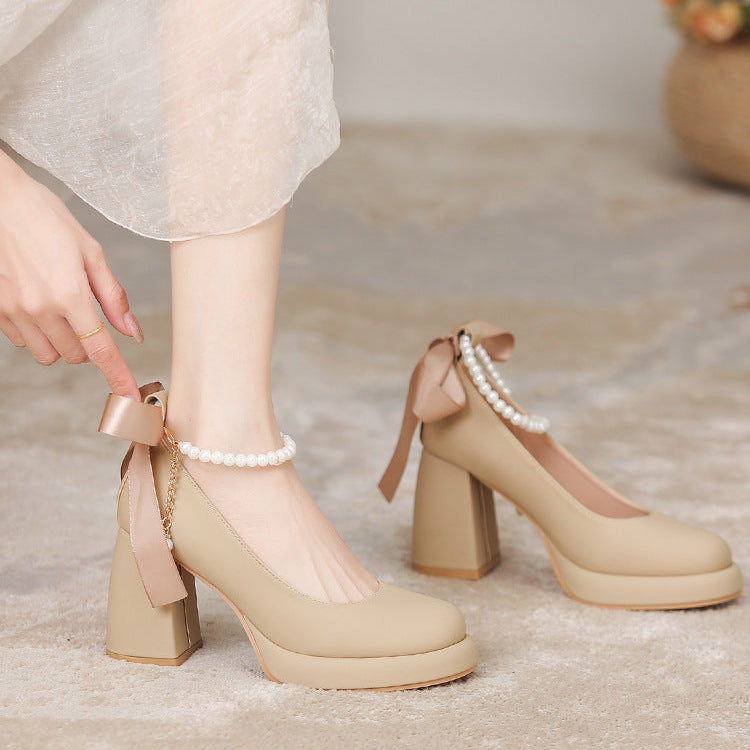 Women's Platform Pump - Block High Heel with Bow & Pearl Details