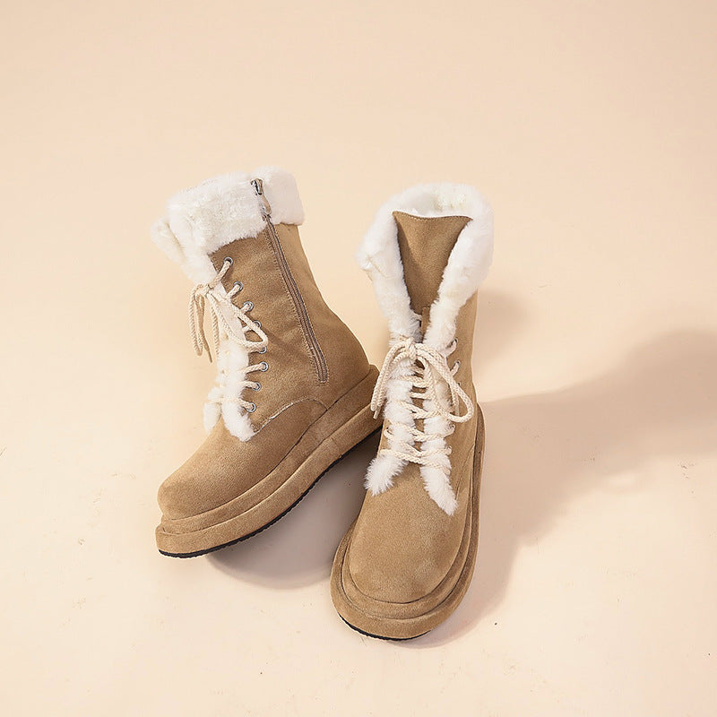 Womens Warm Winter Mid Calf Boots Plush Platform Lace Up Zip Snow Boots
