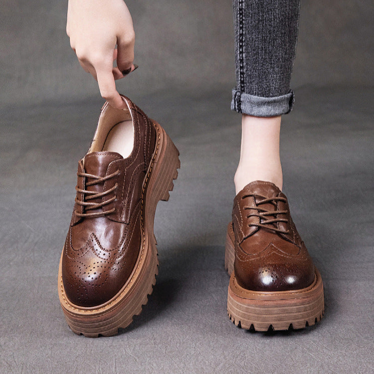 Women's British Style Brogue Oxfords - Genuine Leather with Chunky Sole