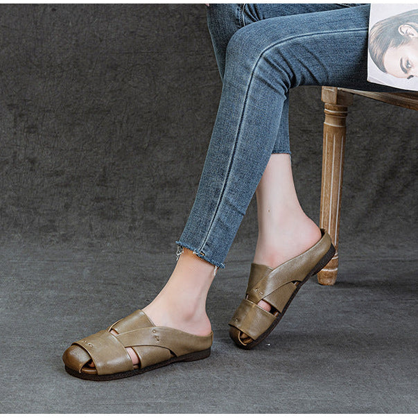 Women's Crisscross Woven Leather Mules Vintage Cutout Platform Slippers Barefoot-Friendly