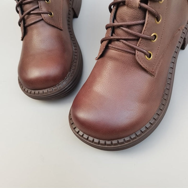 Women's Vintage Wide Toe Leather Shearling Boots – Cozy Winter Ankle Style