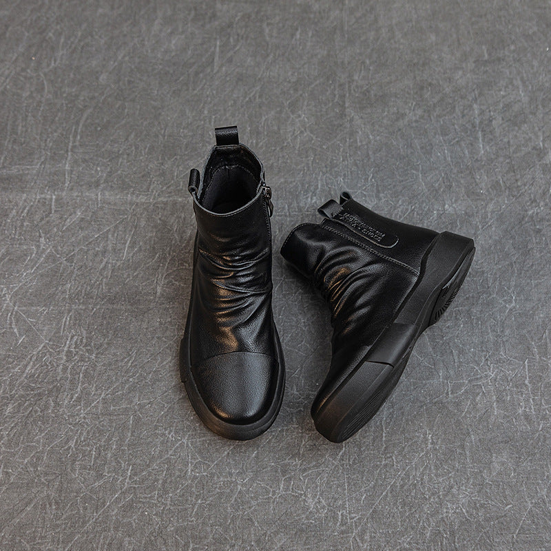 Comfortable Women's Flat Leather Boots – Casual Ruched Ankle Style