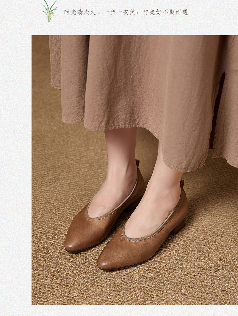 Women's Retro Leather Pumps Vintage Pointed Toe Slip-on Chunky Low Heels