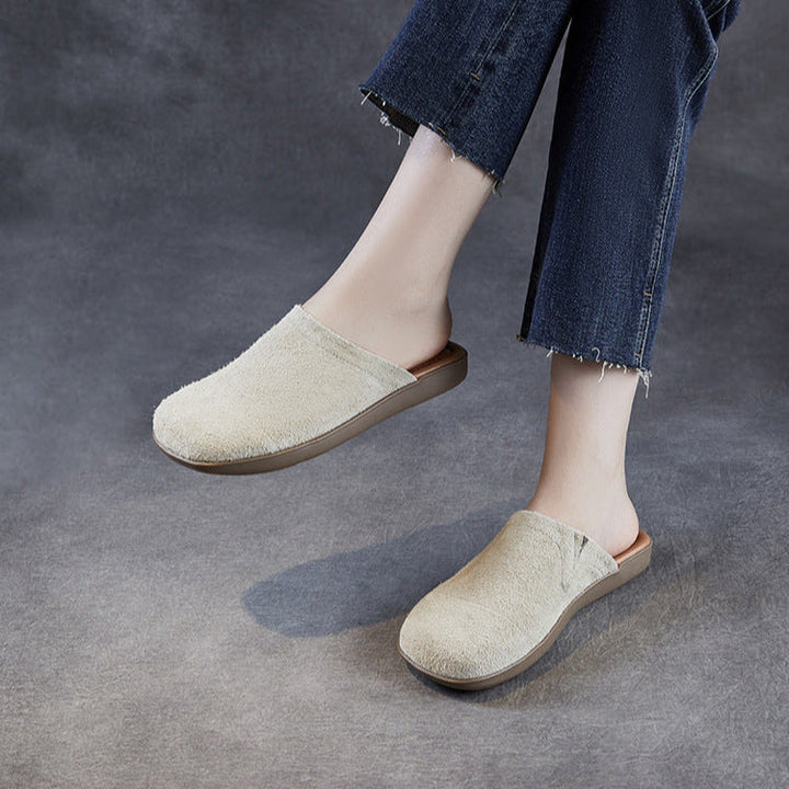 Women's Minimalist Nubuck Mules - Round-Toe Flat with Slip-On Ease
