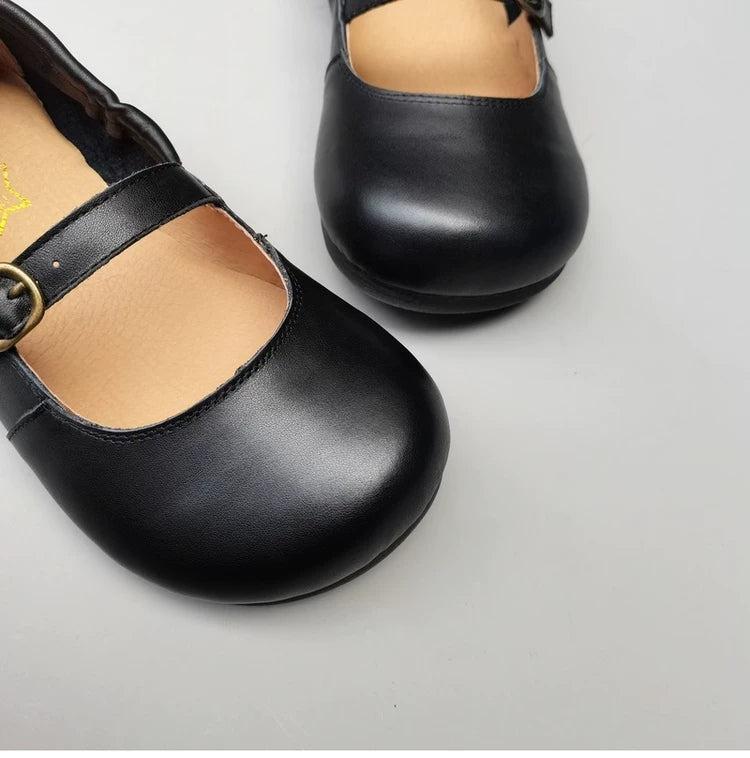 Women's Genuine Leather Wide Toe Mary Jane Shoes – Breathable Anti-Slip Flat Flats for Wide Feet & Bunions