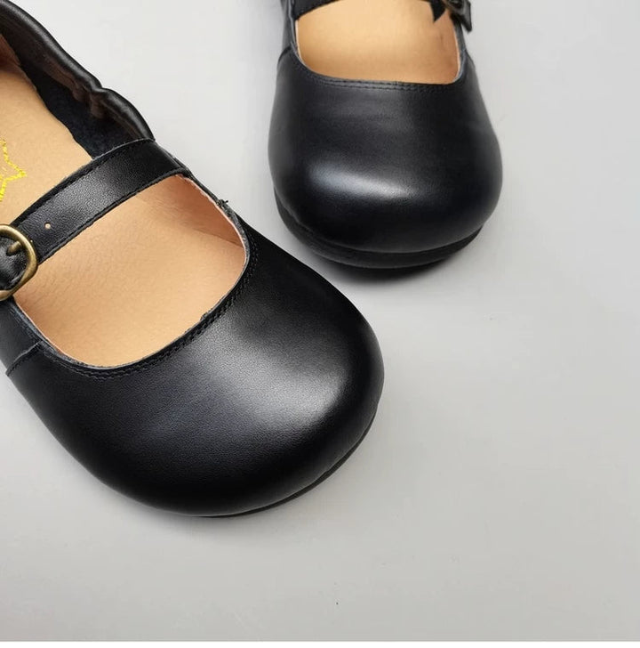 Women's Genuine Leather Wide Toe Mary Jane Shoes – Breathable Anti-Slip Flat Flats for Wide Feet & Bunions