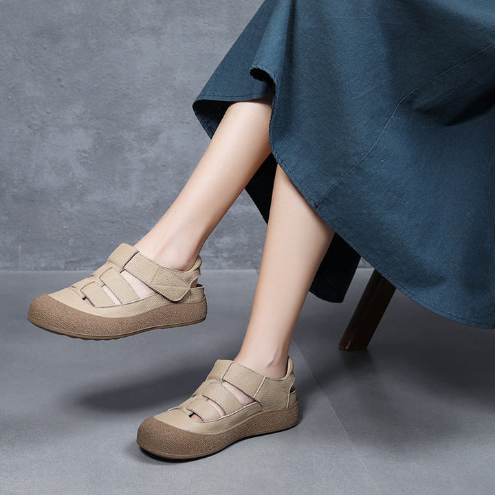 Women's Leather Sporty Fisherman Sandals - Closed Round Toe Casual Summer Walking Shoes with Velcro