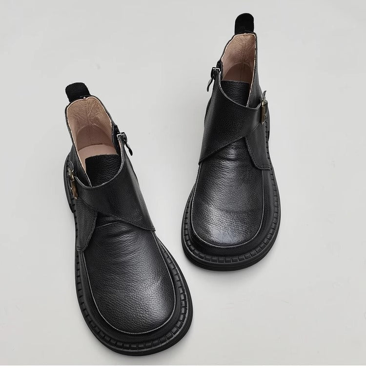 Genuine Leather Women's Ankle Boots - Big Toe Box Platform Work Boots
