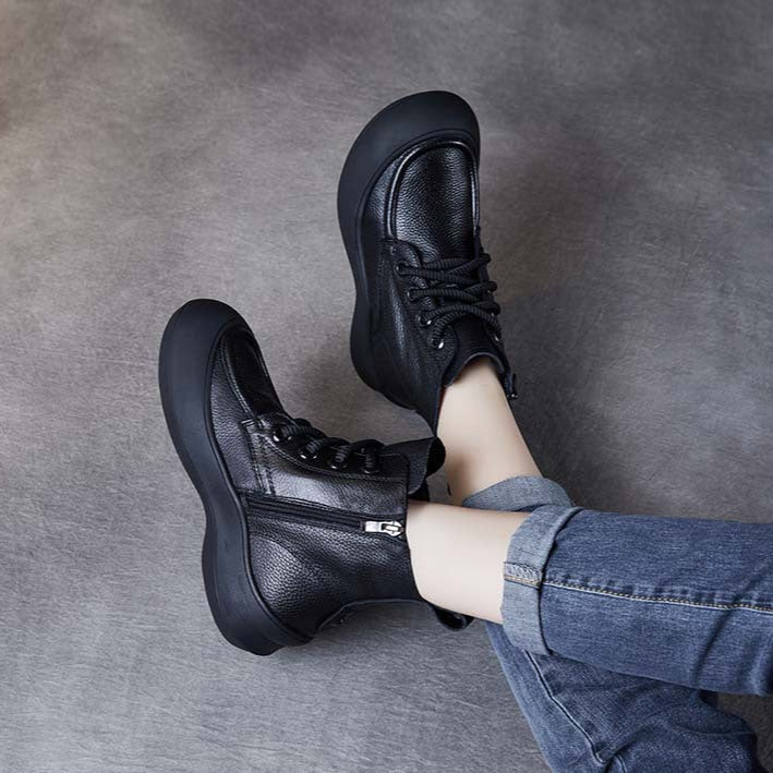 Women's Leather Platform Boots – Comfortable Casual Lace-Up Ankle Shoes