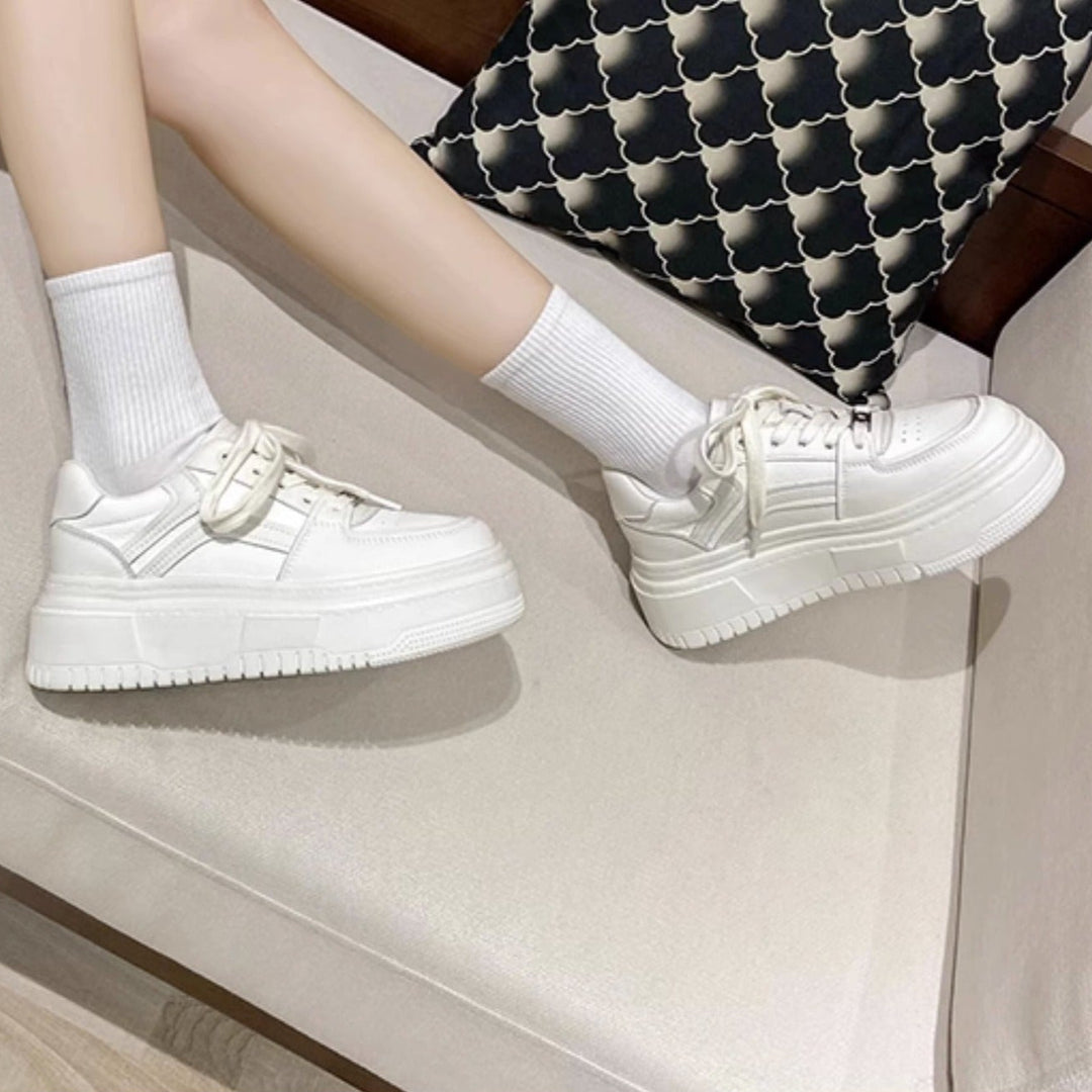 Women's Leather Thick Sole White Lace Up Casual Tennis Shoes