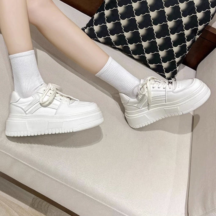 Women's Leather Thick Sole White Lace Up Casual Tennis Shoes