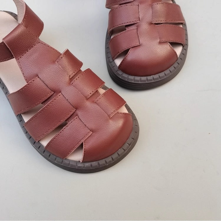 Women's Genuine Leather Wide-Toe Woven Sandals – Casual Style for Summer