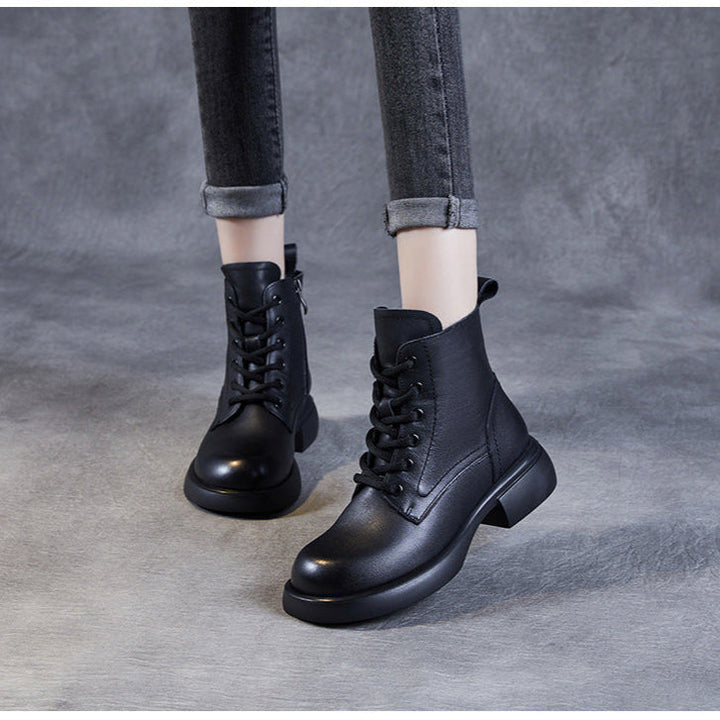 Women's Genuine Leather Lace-Up Side Zip Ankle Boots – Casual & Versatile