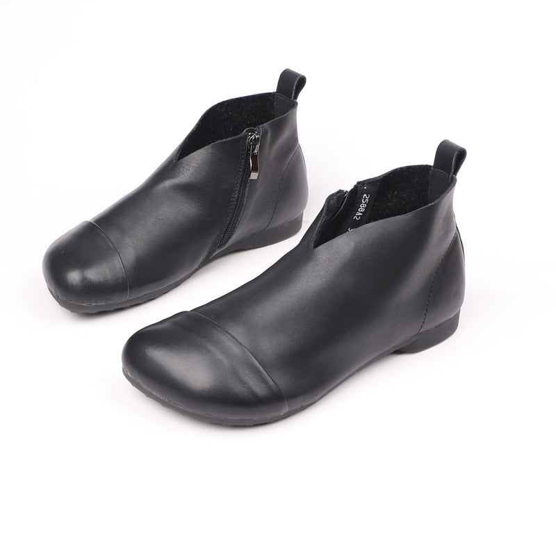Women's Genuine Leather Ankle Boots Side Zipper V-Cut Flat Booties Casual Walking Shoes