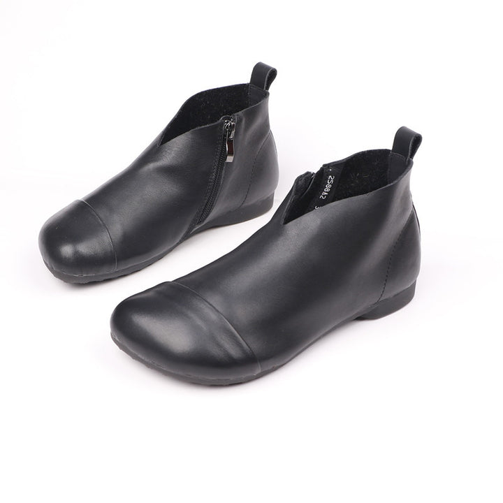 Women's Genuine Leather Ankle Boots Side Zipper V-Cut Flat Booties Casual Walking Shoes