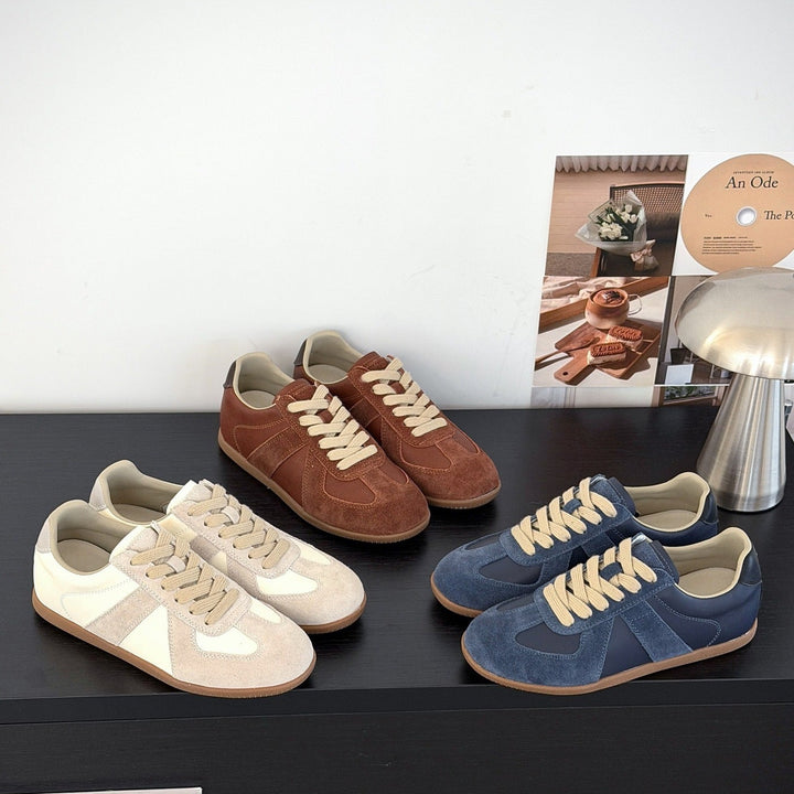 Women's Genuine Leather German Army Trainers Suede Patchwork Flat Sneakers Lace Up Casual Shoes