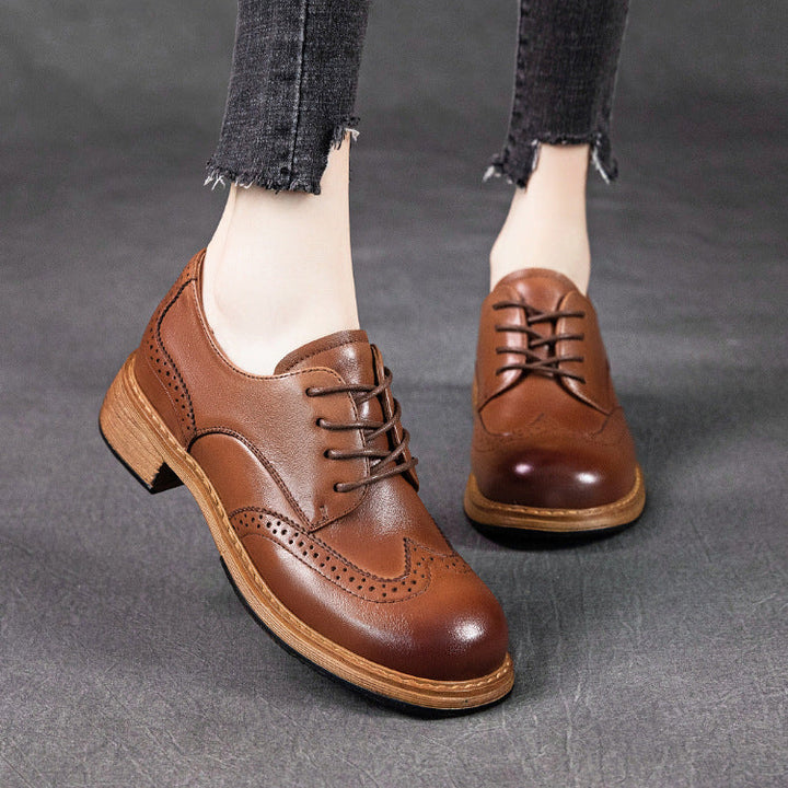 Women's Leather British-Style Brogue Lace-up Oxford Shoes