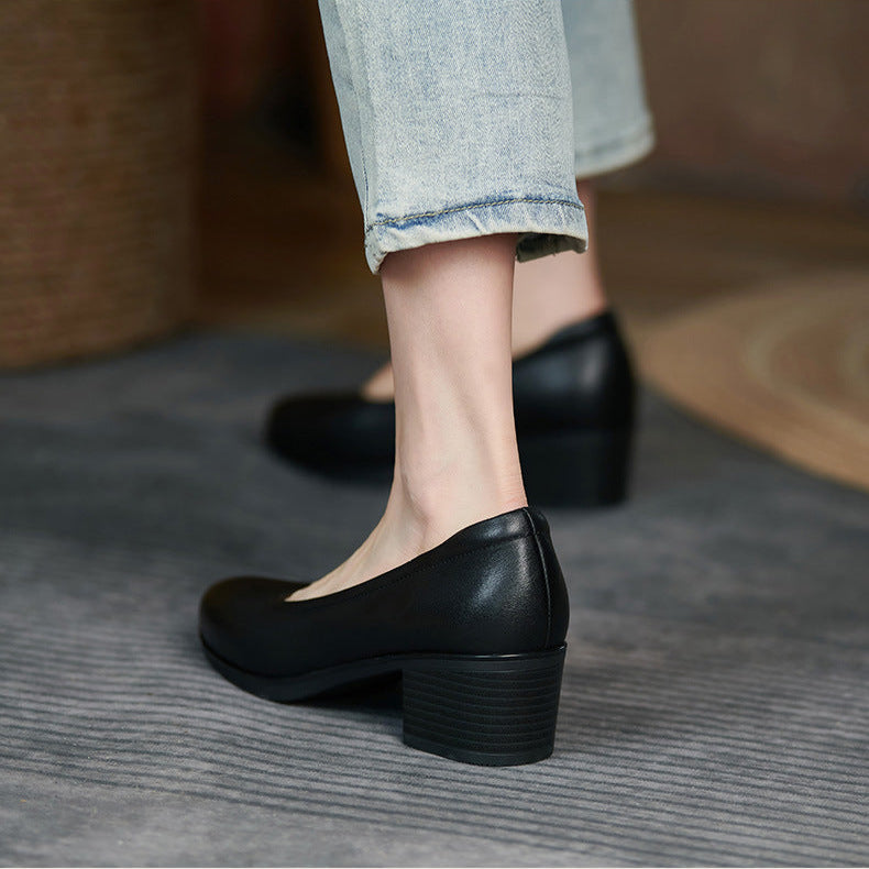 Women's Black Leather Pumps - Low Heel for Office & Business