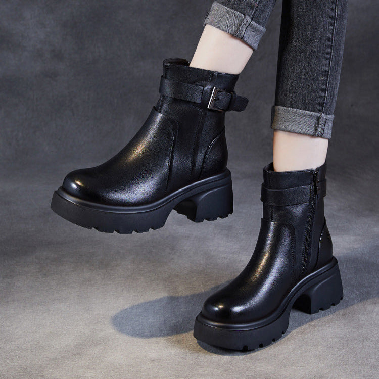 Women's Stylish Genuine Leather Platform Boots – Chunky Heel, Buckle & Side Zip