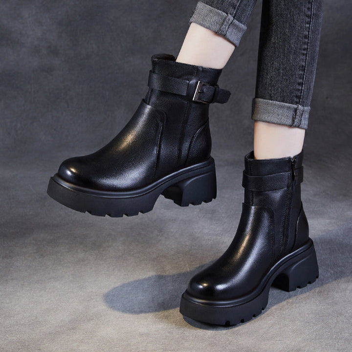 Women's Stylish Genuine Leather Platform Boots – Chunky Heel, Buckle & Side Zip
