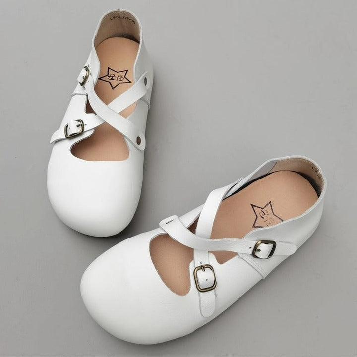Women's Vintage Handmade Leather Shoes – Cross Strap, Buckle & Soft Sole