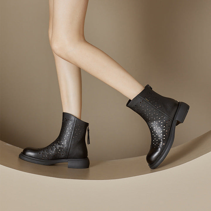 Women‘s Retro Ankle Summer Sandals Boots Vintage Round Toe Cutout Perforated Chunky Heels