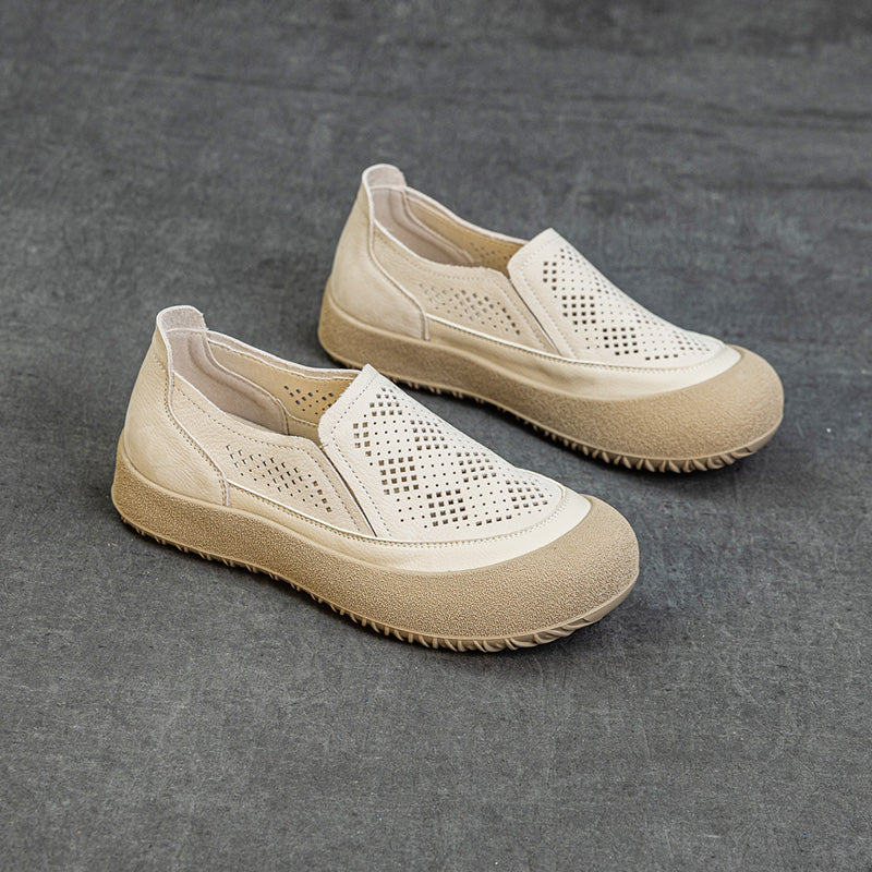 Womens Summer Perforated Leather Slip-on Loafers Breathable Platform Casual Walking Shoes