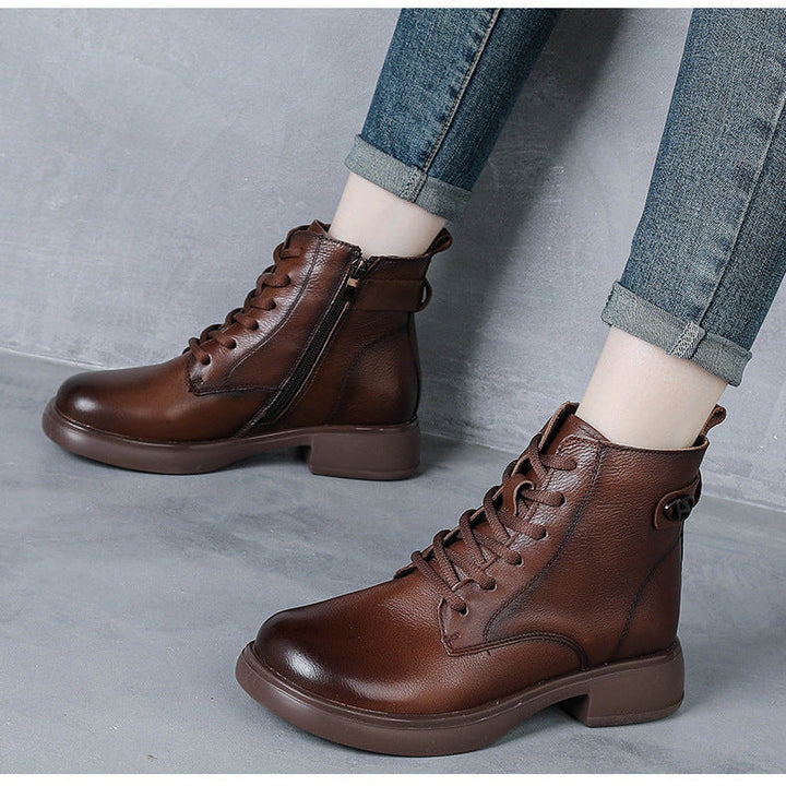 Women’s British Style Leather Lace-Up Ankle Boots – Retro Block Heel Boots