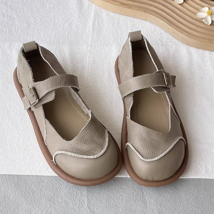 Women's Soft Leather Flat Mary Jane Shoes – Round Toe with Patchwork Design