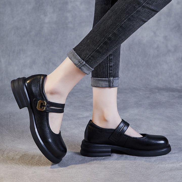 Women's Soft Leather Mary Janes – Round Toe Low Heel with Adjustable Velcro
