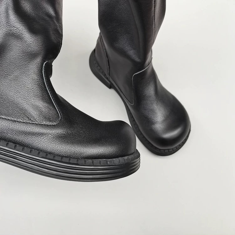 Wide-toe Box Handmade Genuine Leather Women's Mid Calf Boots Black Zipper