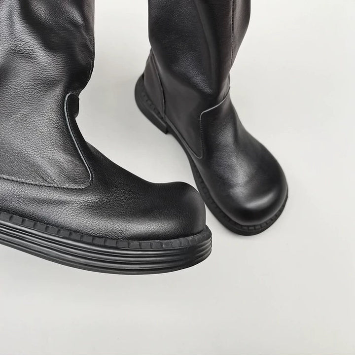 Wide-toe Box Handmade Genuine Leather Women's Mid Calf Boots Black Zipper