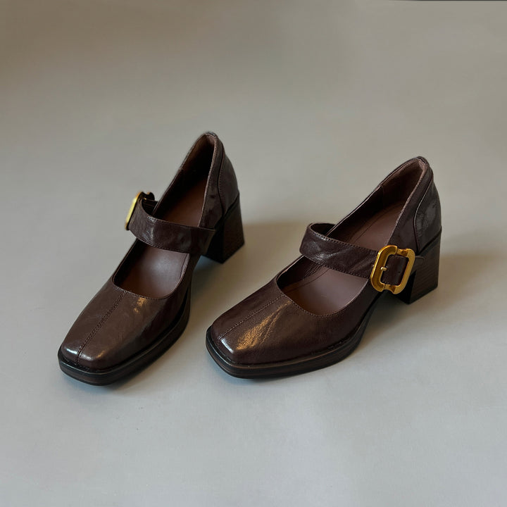 Women's Mary Jane Pumps - Square Toe Gold Buckle High Block Heel Dress Shoes