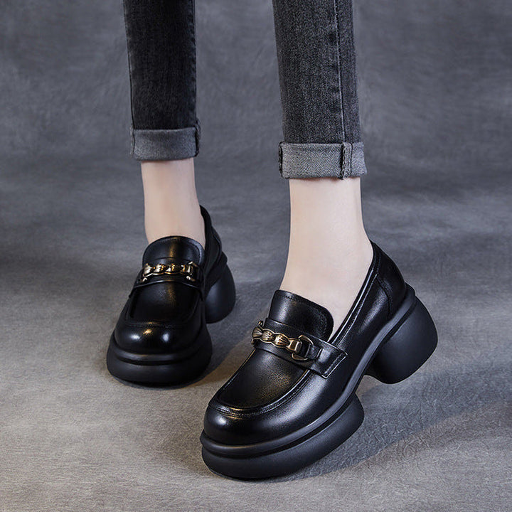 Women’s Leather Platform Block Heel Loafers – British Vintage Chain Detail
