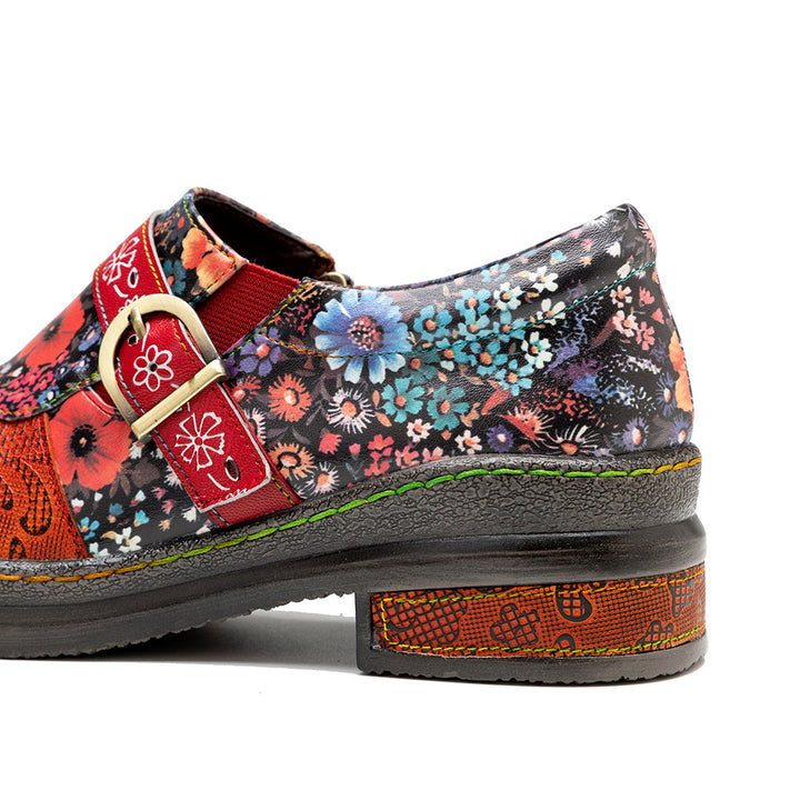 Leather Colorful Flower Patchwork Flat Vintage Boho Brogues Women's Shoes