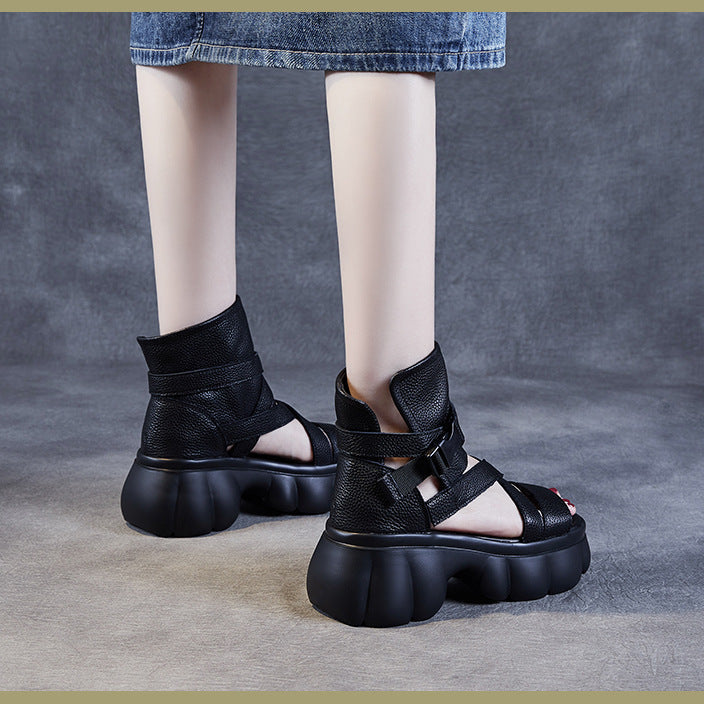 Women's Leather Sandals Boot - Platform Chunky High Heel Gladiator Booties, Elastic Strap Open Toe Summer Shoes