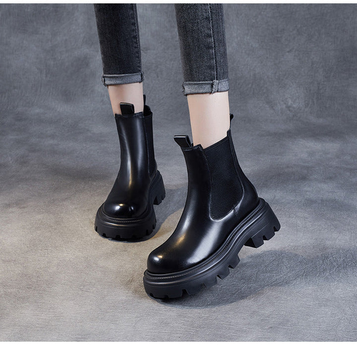 Women's Retro Genuine Leather Chelsea Boots – Chunky Platform Sole Ankle Boots